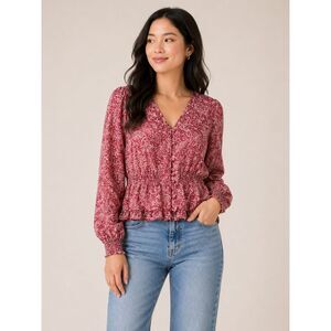 Express XS Pink Paisley Blouse Peplum Button Front Boho Chic Long Sleeve Top